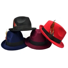 Винтажные джазовые шляпы, женские шерстяные фетровые шляпы с перьями, одноцветные фетровые шляпы Трилби, шапка для церкви, повседневные шляпы джентльменов, мужские шляпы