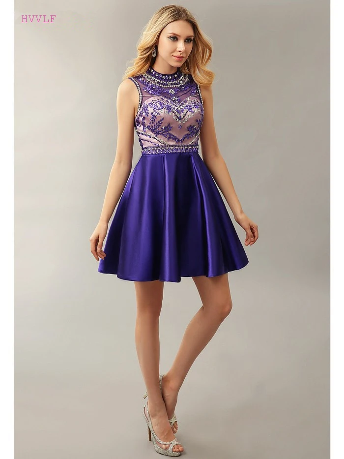 

Blue 2019 Homecoming Dresses A-line High Collar Short Mini Satin Beaded Crystals Open Back Elegant Cocktail Dresses