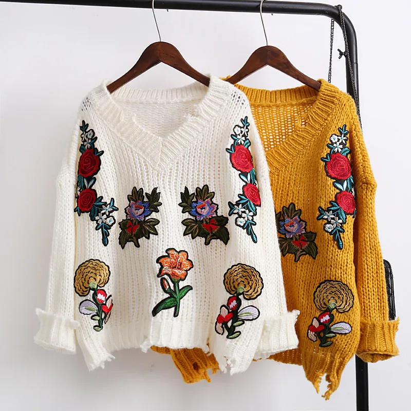 

Women Sweater Harajuku Sweater Women's Head Thick Wool V-neck Autumn New 2019T Shirt Embroidery Sweater