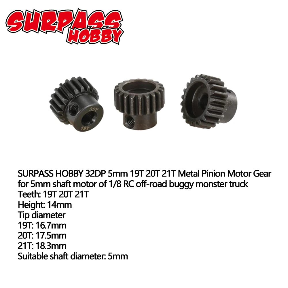 

SURPASSHOBBY 32DP 5mm 19T 20T 21T Pinion Motor Gear for 1/8 RC Buggy Car Monster Truck