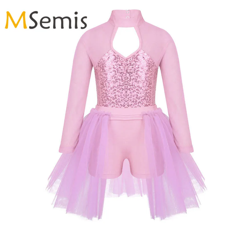 

Kids Girls Ballet Leotard Dress Tutu Dress for Lyrical Contemporary Dance Tulle Shiny Sequins Cutout Back Dance Costume Jumpsuit
