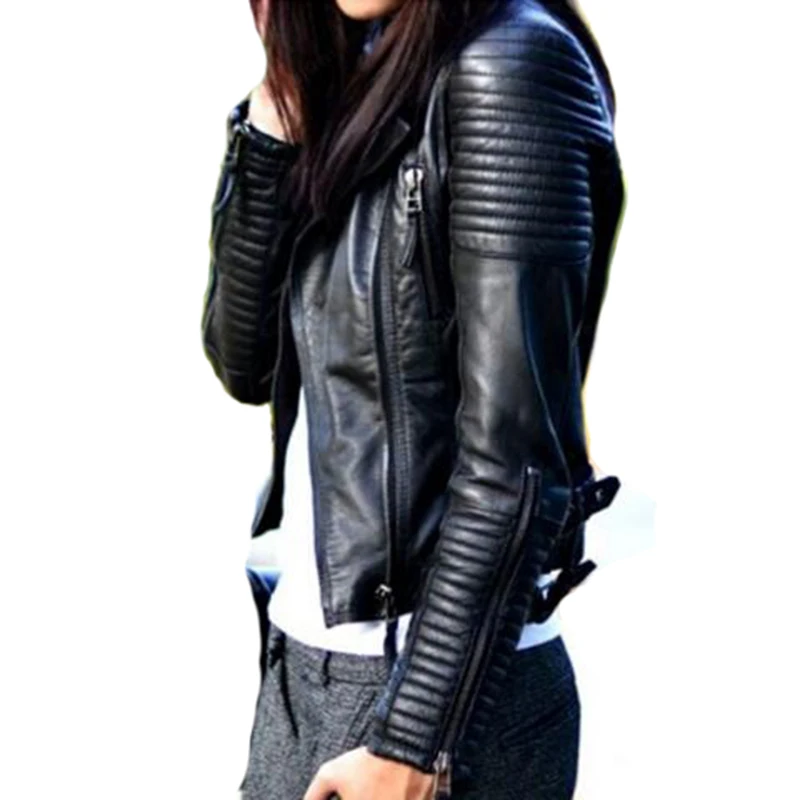 

Top Quality Pu 2017 Fashion Cropped Female Motorcycle Leather Biker Jacket Women Black Gold Silver Rose Pink