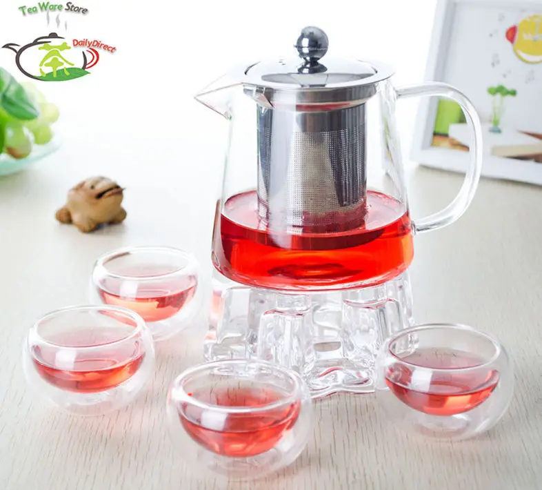 1х 6в1 кунг-фу кофейный чайный сервиз B-500ml конической формы стеклянный цветочный чайник фильтр из нержавеющей стали+ хрустальный нагреватель+ 4* чашка с двойными стенками