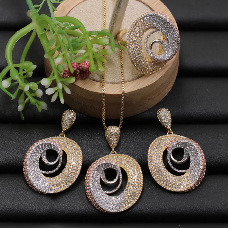 

Lanyika Jewelry Set Geometric Spiral Circle Micro Paved Cubic Zircon Necklace with Earrings and Ring for Wedding Best Pop Gift