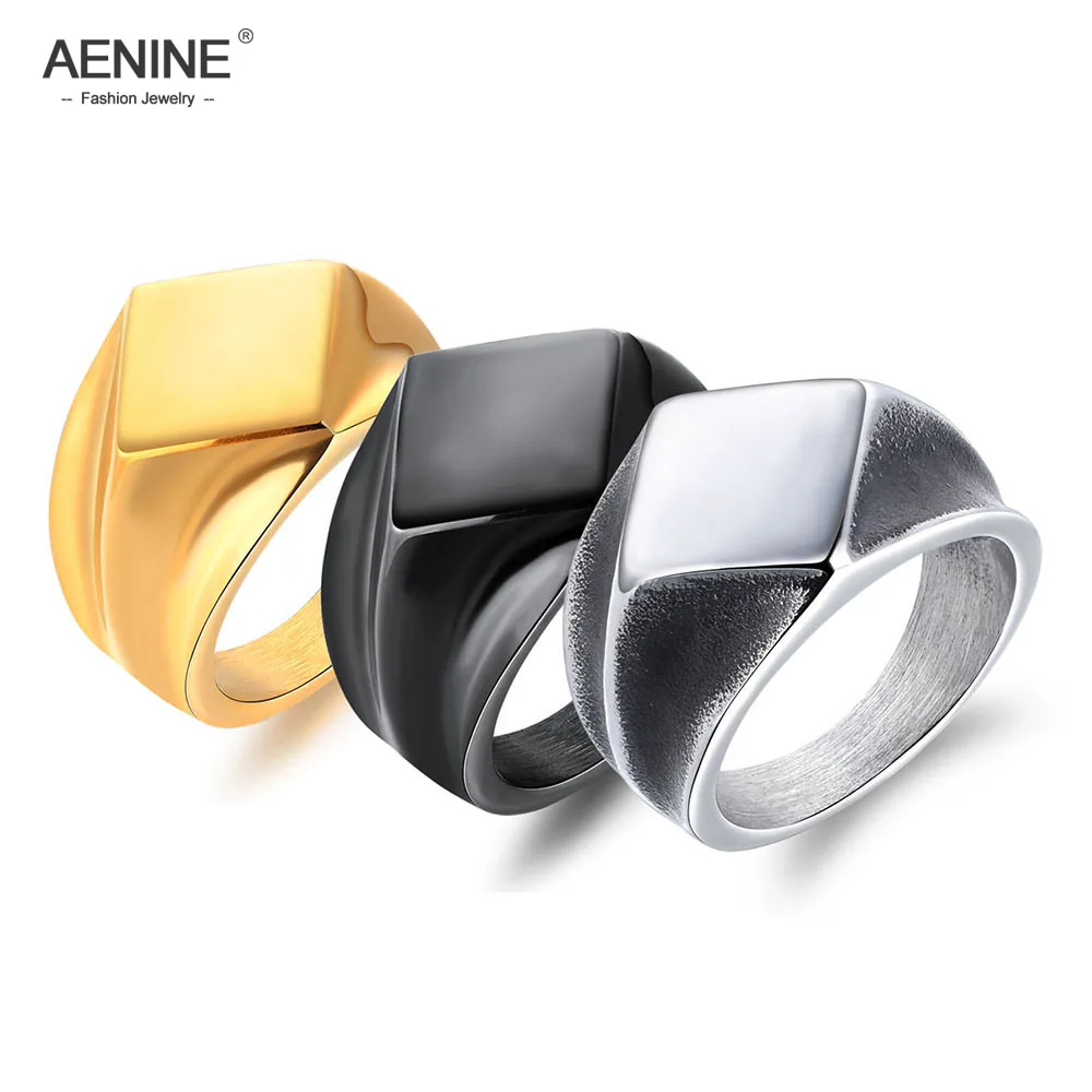 

AENINE Retro Punk Smooth Rhombus Signet Stainless Steel Men's Ring Gold Color/Black/Steel Party Finger Jewelry Boy Gift AOGJ636