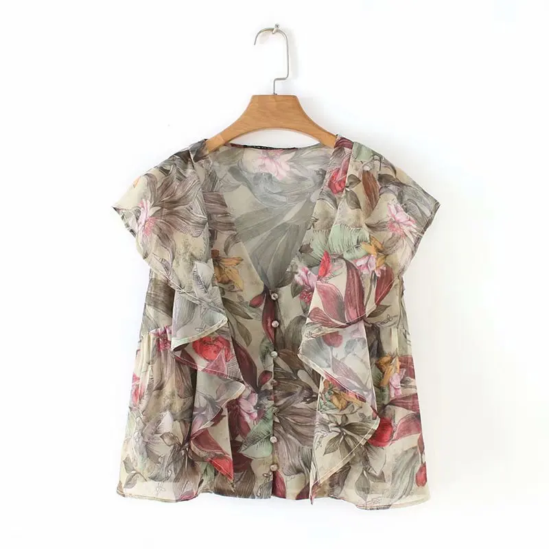

2019 women fashion v neck flower print casual smock blouse shirt women ruffles chic blusas chiffon buckles femininas tops LS3322
