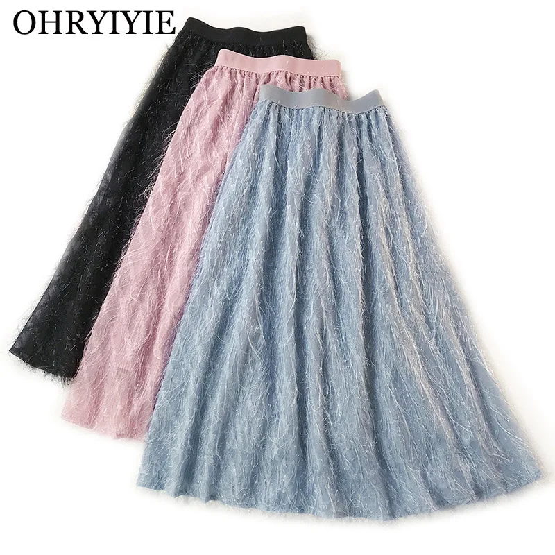 

OHRYIYIE Feather Tassel Long Skirt Women 2019 New Spring Elegant Chiffon A-line Skirt Ladies High Waist Skirt Jupe Longue Femme