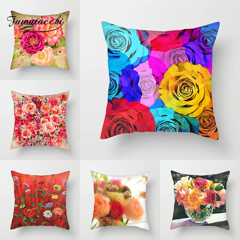 

Fuwatacchi Flower Oil Painting Decor Cushion Cover Plant Printed Decor Pillows Case Sofa Seat Bed Car Soft Throw Pillows Cover