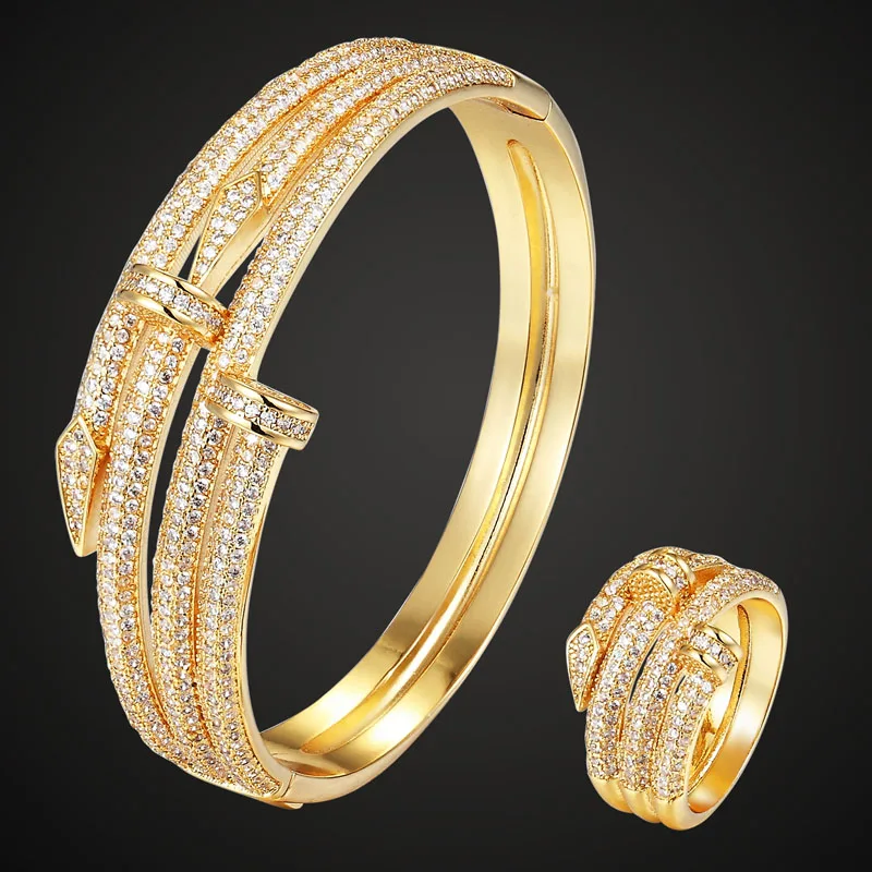 

Zlxgirl jewelry Brand Double nail Bangle ring Wedding Jewelry sets Women's Gold-color Bangle Rings Accessory Sets 2201100195