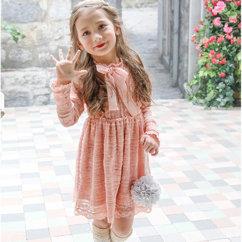2017 spring autumn new children clothing bow girls lace dress for 2-7age girl dress for flower girl dresses and christmas