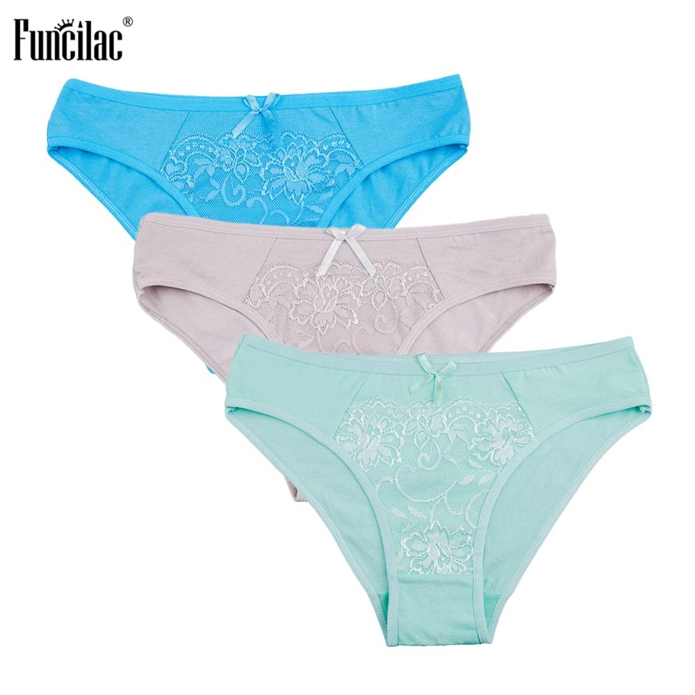 

FUNCILAC Lace Sexy Underwear Panties Seamless Woman Underwear Cotton Solid Briefs Culotte Femme Sexy Womens Lingerie 3pcs/lot