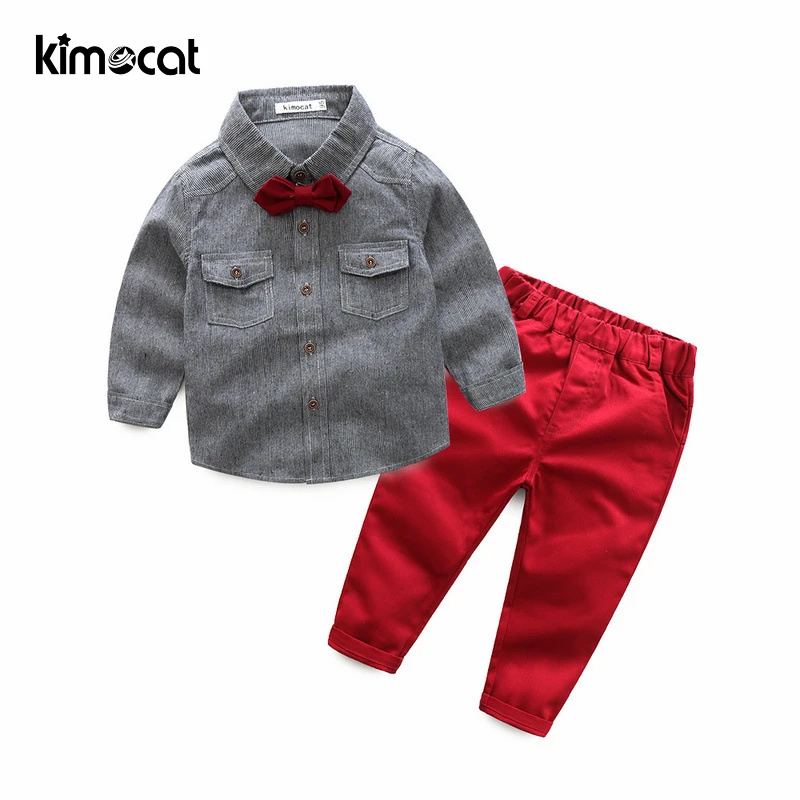 Kimocat الطفل الصبي الملابس الفتيان الملابس مجموعة 2 pcs قميص + السراويل طويلة الأكمام قميص شهم اثنين الدعاوى ربطة القوس فيونكة زي الاطفال الملابس