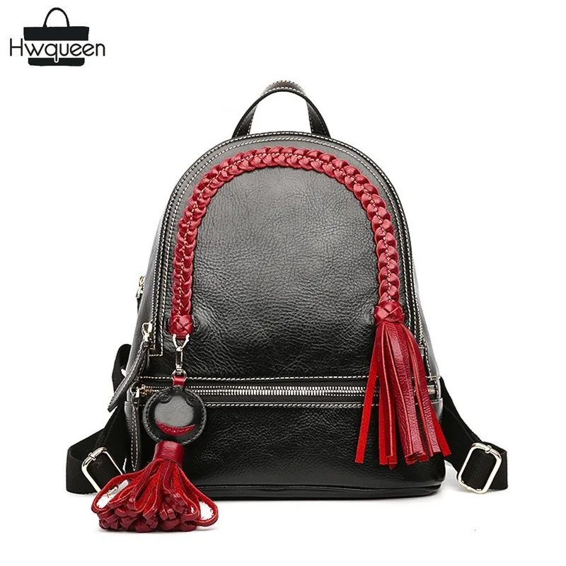 Chinese Style Knitting Braid Tassel Designer Genuine Cow Leather Girls Female Small Black