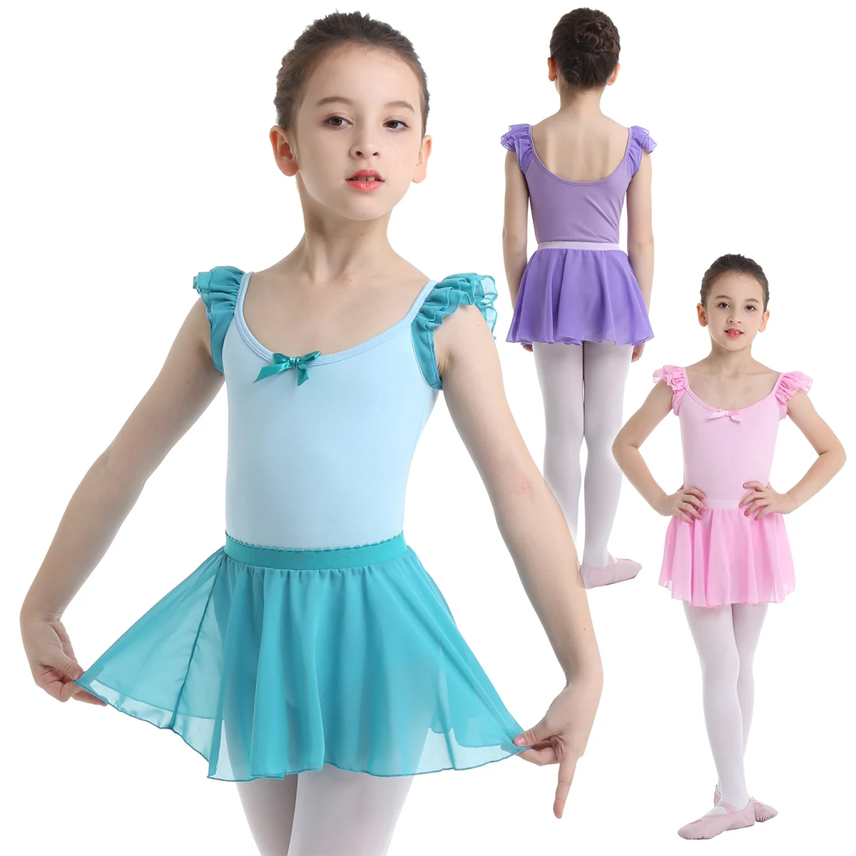 TiaoBug для девочек балетное трико с шифоновой юбкой Одежда для танцев Детская гимнастический купальник балет-пачка танцевальный сценический