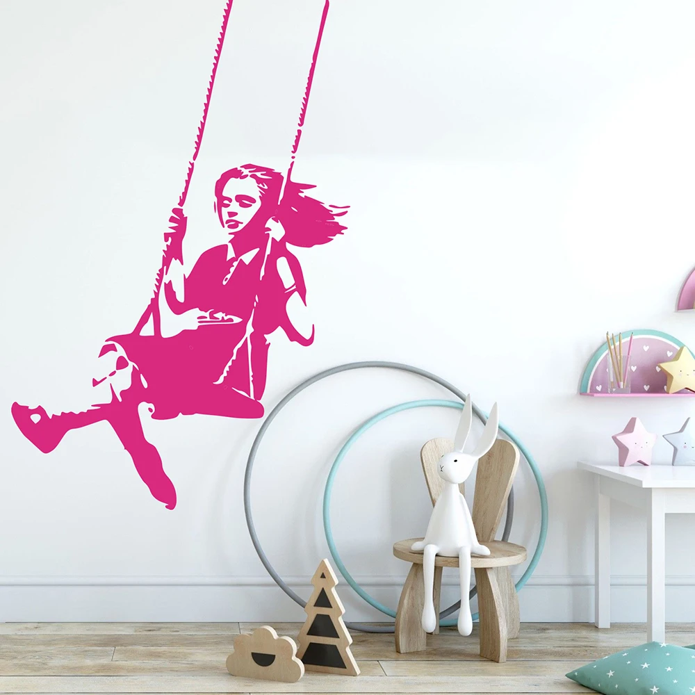 Large Banksy Swinging Girl Wall Sticker Nursery Kids Room Graffitti Street Culture Banksy Wall Decal Bedroom Vinyl Decor (3)