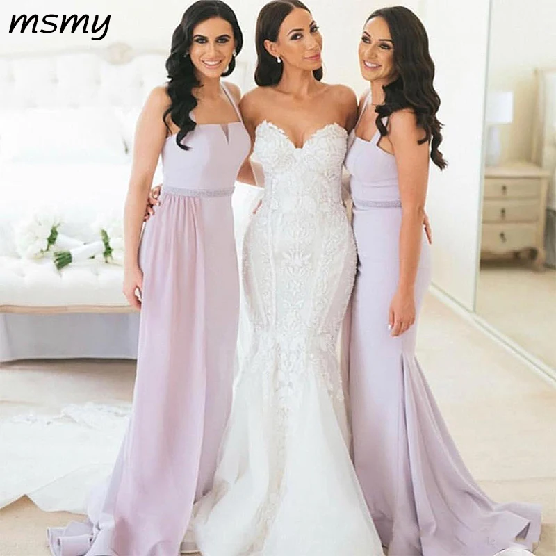 

Elegant Satin Mermaid Long Bridesmaid Dresses Spaghetti Straps Ruched Plus Size Floor Length Maid Of Honor Gowns