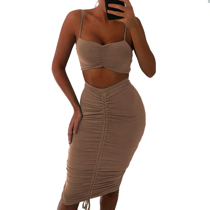 حمالة المحاصيل الأعلى و مطوي تنورة ضمادة دعوى مثير Clubwear حزب الإناث الصلبة 2019 الربيع النساء مجموعات 2 قطعة مجموعات PL0447M