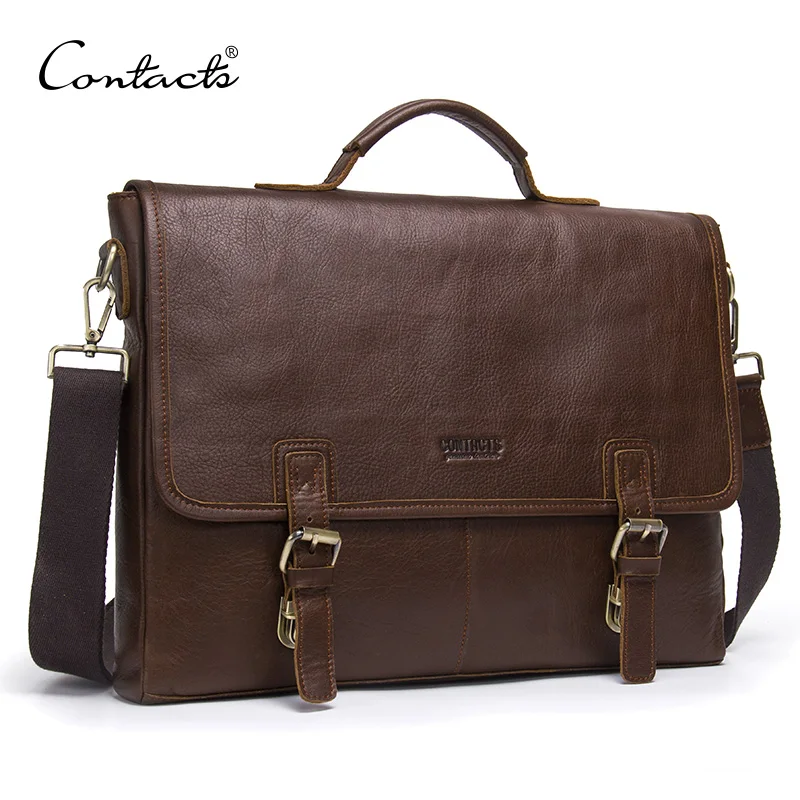 

CONTACT'S genuine leather briefcase men shoulder bag for 14 inch laptop male messenger bag vintage business cowhide men's bags