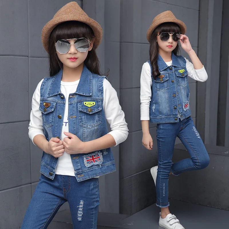 

Girls Outerwear 2018 Spring Fall Children Sleeveless Jackets Denim Blue Vests for Girl Kids Coat Vest Baby Cowboy 4-6-8-10-12-14