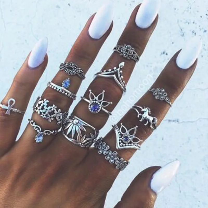

13pcs/lot Unique Ring Punk style Flower Crystal Ring Set Knuckle Rings for women Finger wedding ring gift wholesale