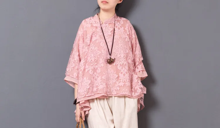 LZJN Original Women Floral Blouse Summer Tops Traditional Chinese Cheongsam Top Qipao White 4 Colors Lace Shirt with 34 Sleeve  (20)