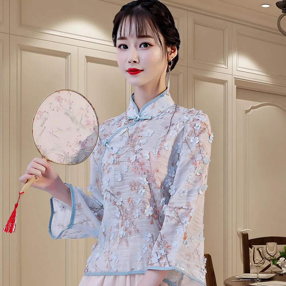 

High Quality Embroidery Chinese Style Women Blouse 2019 Summer Flare Sleeve Cheongsam Tops Vintage Fashion Elegant Hanfu Clothes