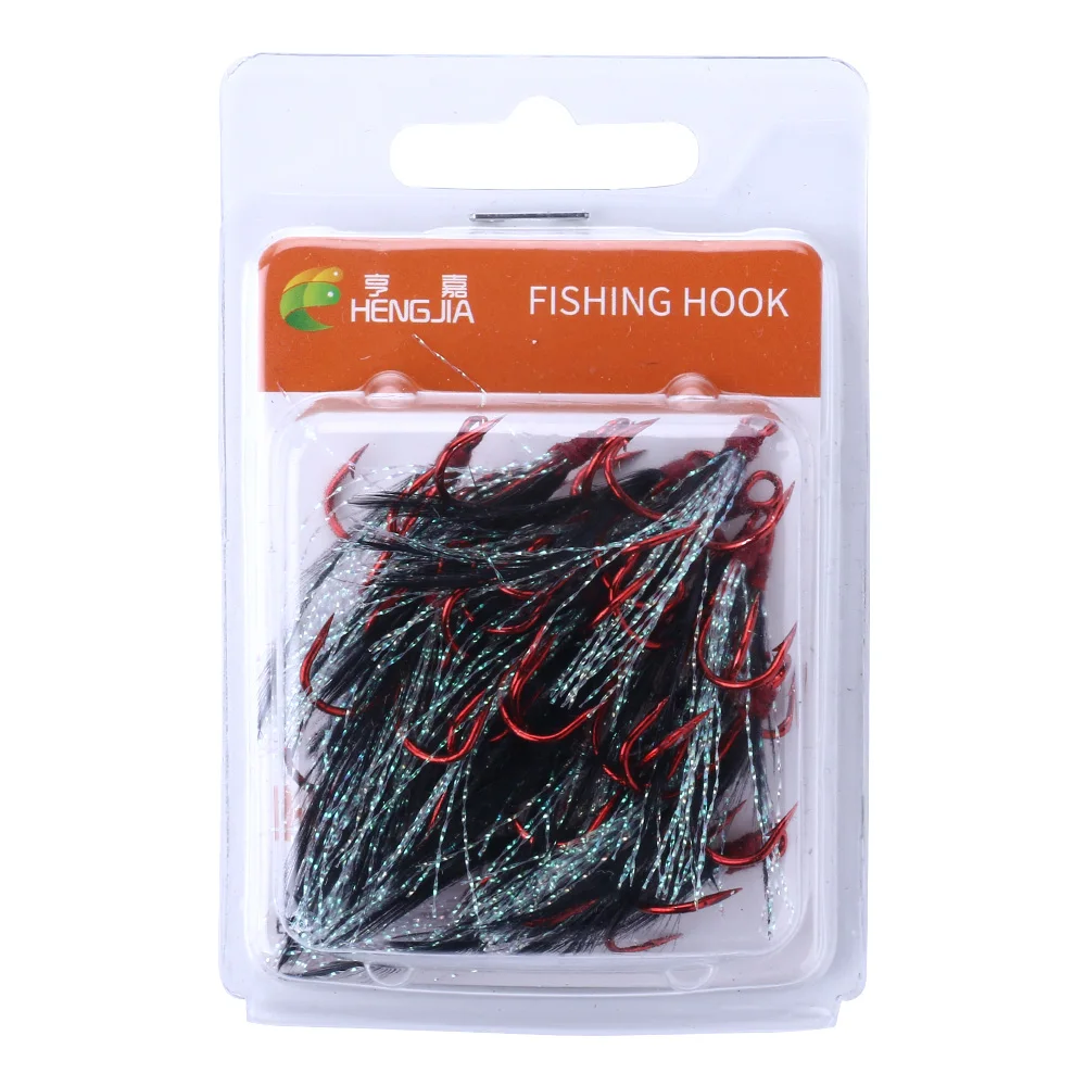 

HENGJIA 20PCS High Carbon Steel Treble Hooks Fishing Lure black feather red Hooks Tackle fishing accessories