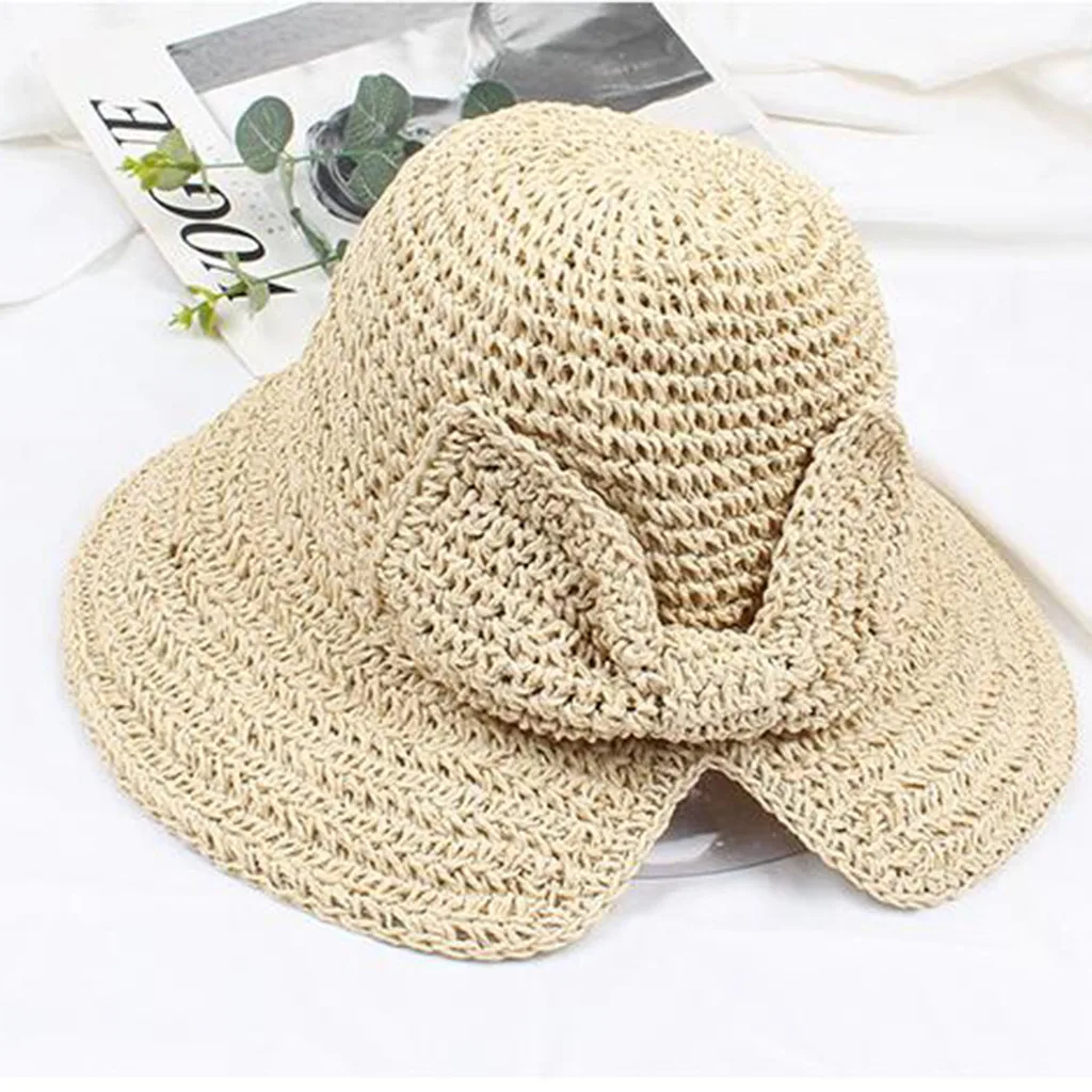 السيدات الصيف خفيفة الوزن تنفس قبعات الشمس 1x النساء Bowknot سترو قبعة شريط مرن طوي نشمر شاطئ كاب قبعة الشمس Z425