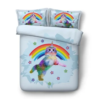 

JF-595 Cute unicorn cat and rainbow printed bedding set for kids girls duvet covers Single Double Queen King size kitten sheets