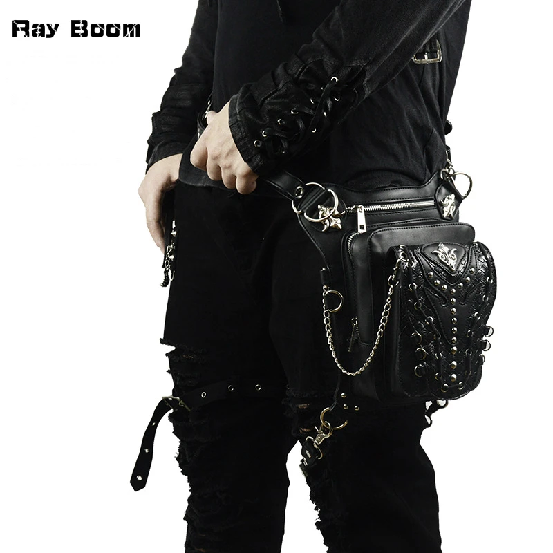 

Ray Boom Fashion Brand Design Multi-function Men Bag Vintage Steampunk Gothic Motorcycle Bag PU Leather Leg Bag Unisex Waist Bag