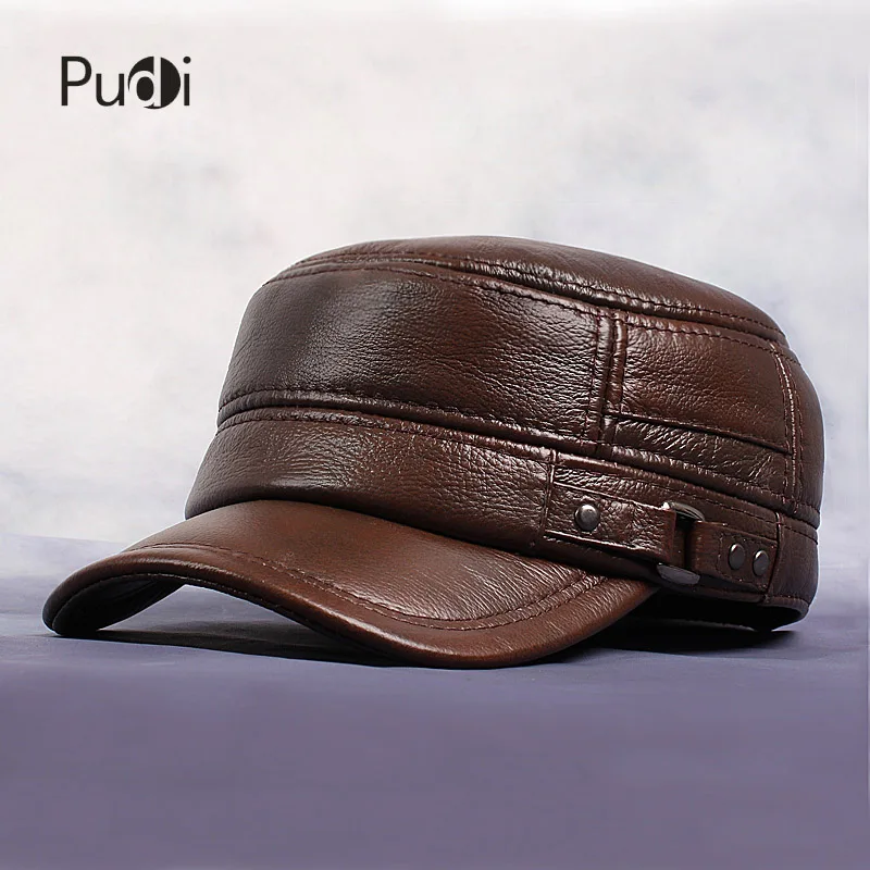  Pudi Cow Leather Flat Peak Baseball Cap&Hats for men winter warm army hat adjustable ear flat black