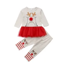 Рождественская детская одежда для малышки, Осенний Рождественский топ с длинными рукавами и рисунком оленя, кружевные штаны, одежда для девочек, хлопковый комплект из 2 предметов