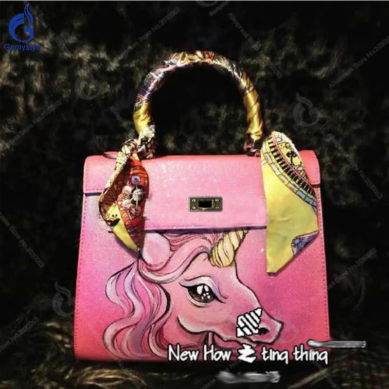 

New Design High Quality Cow Leather Handbag Hand Painted Pink Unicorn Little Pony Bag Women Casual Totes Messenger Party Bag Y