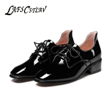 LAFS CSTLAV Patent Leather Fashion Pumps Shoes Women Comfortable Lace Up Beautiful Square Toe High Quality Brand Shoe Woman