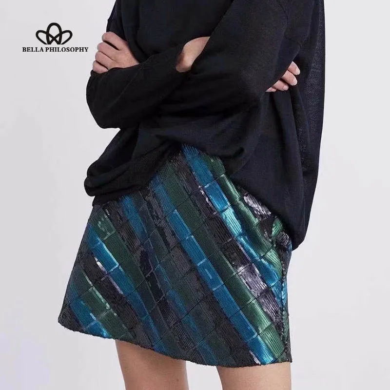 Wonder 2018 new Spring Sequined Mini Skirts High Waist Zipper Female Vintage A-Line Skirts Casual Striped Lady Skirts Bottoms