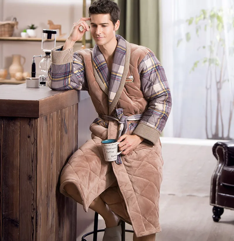 Brand Winter Bathrobe for Men British Casual Thickening Flannel Cotton Bath Robe Male Winter Home Dressing Gown With String Blet