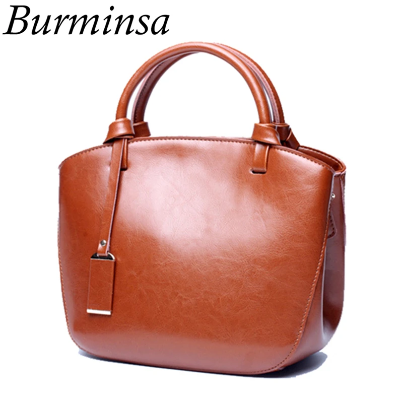 

Burminsa Basket Women Genuine Leather Handbags Large Capacity Oil Wax Leather Shoulder Bags High Quality Female Messenger Bags