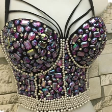 Сексуальный женский бюстгальтер-бюстье ручной работы с голографическим кристаллом и стразами, украшенный жемчугом, укороченный топ