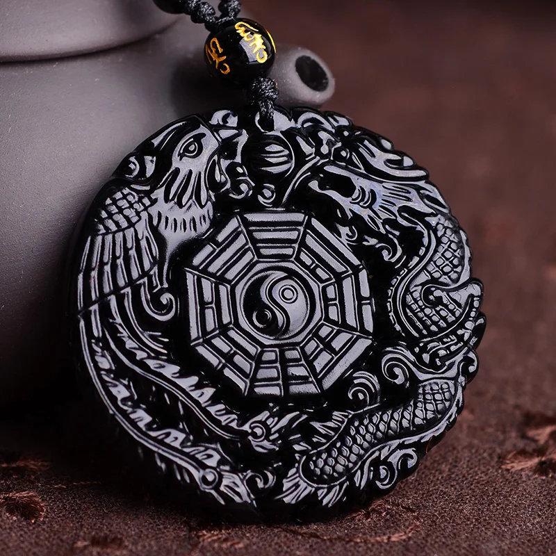 

Natural Black Obsidian Hand Carved Chinese Dragon Phoenix BaGua Lucky Amulet Pendant Free Necklace Fashion Fine Jade Jewelry