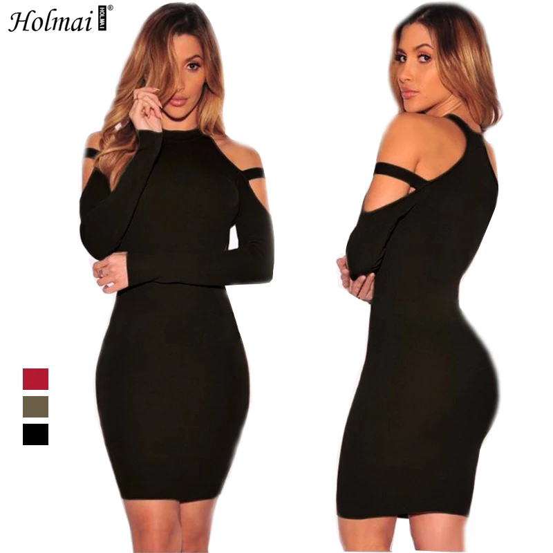 HOLMAI Autumn Women's Leakage Shoulder Long Sleeve Bodycon Dresses Sexy