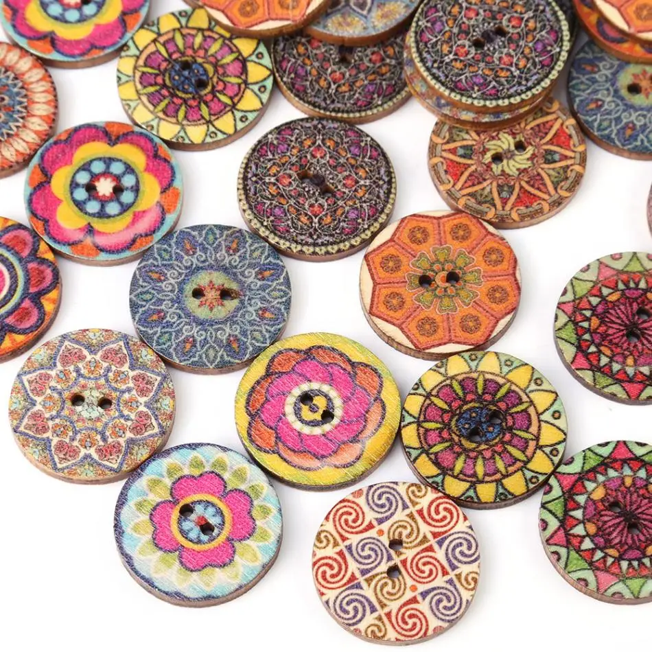 100 Pcs 혼합 패턴 빈티지 나무 단추 DIY 봉제 공예 장식 25mm