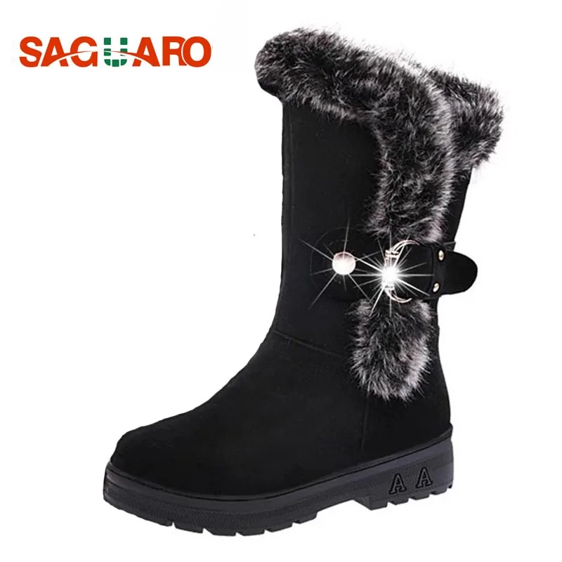 SAGUARO/женские зимние ботинки, коллекция 2018 года, модная черная обувь, женские меховые теплые зимние ботинки до середины икры с пряжкой, обувь на платформе, botas zapatos mujer - изображение