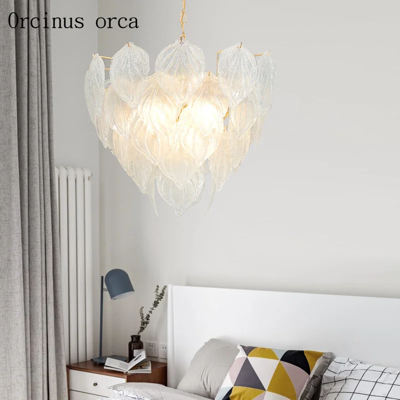 

Postmodern simple glass leaf chandelier bedroom living room restaurant Nordic creative personality white chandeliers