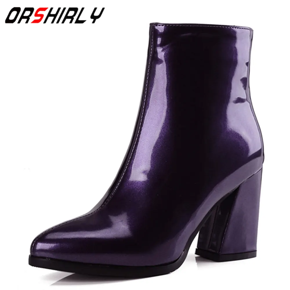 

Orshirly New Arrival ankle boots for women Square heel shoes patent leather pointed toe boots for ladies hot sale free shipping