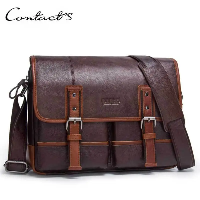 

CONTACT'S casual men's messenger bags genuine leather shoulder bags for man luxury brand male crossbody bag fashion for ipad