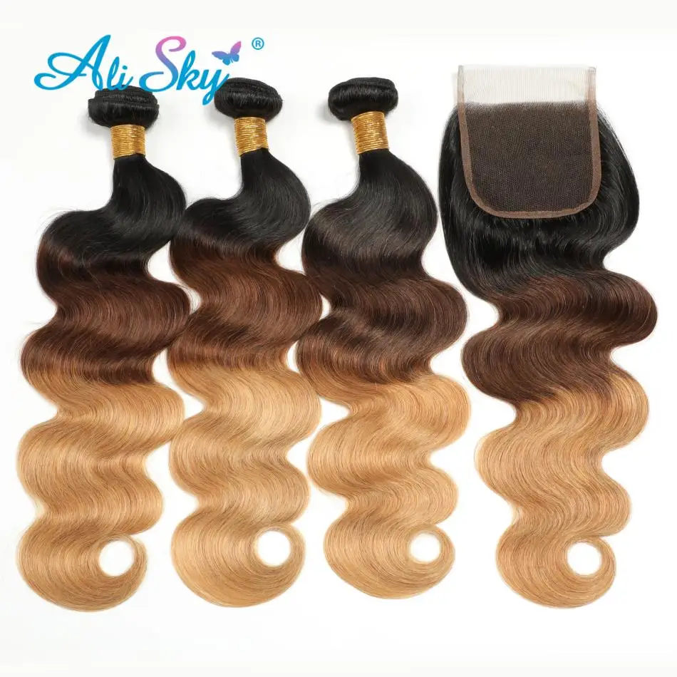 

Ali Sky Hair Ombre 3 Bundles With Closure 8-26 1B/4/27 Brazilian Body Wave Bundles With Closure Free Part Remy Human Hair Weave