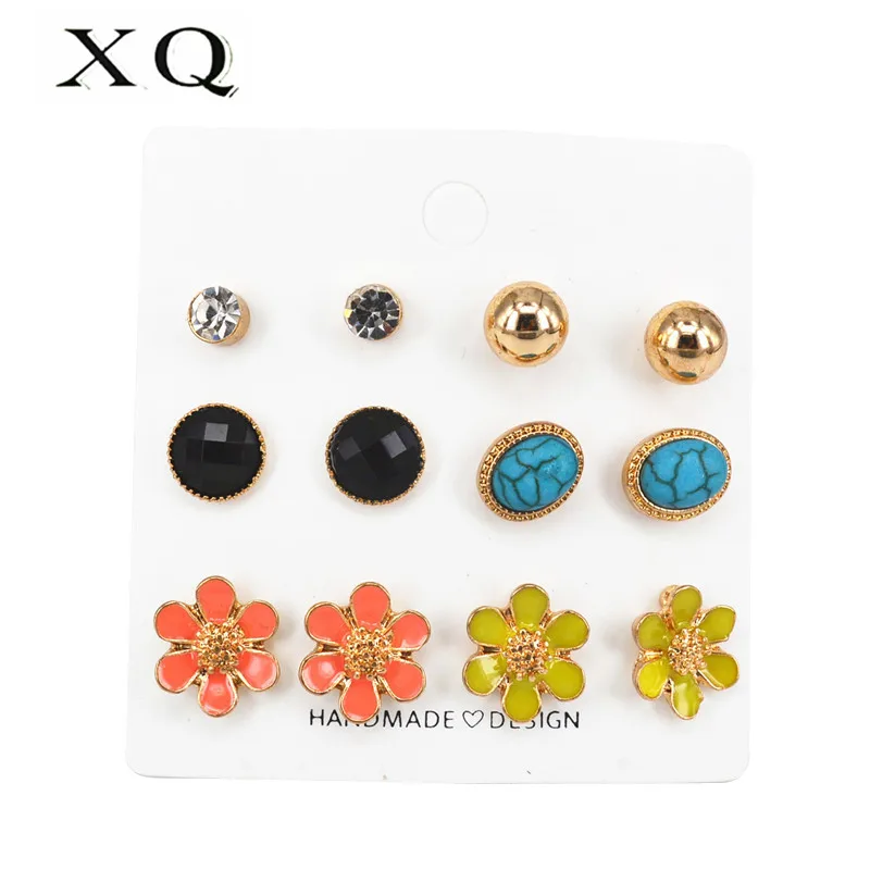 

XQ Stud Earring Set 6 Pairs / Card Color Enamel Yellow Blue Flowers Blue Elliptical Stone Fashion Women Jewelry Accessories