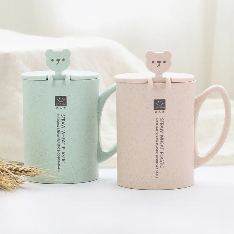 

Wheat Straw Plastic Cup Men Women Mug Cute with Spoon Lid Handle Lover Present Cups Coffee Milk Beer Mug cup
