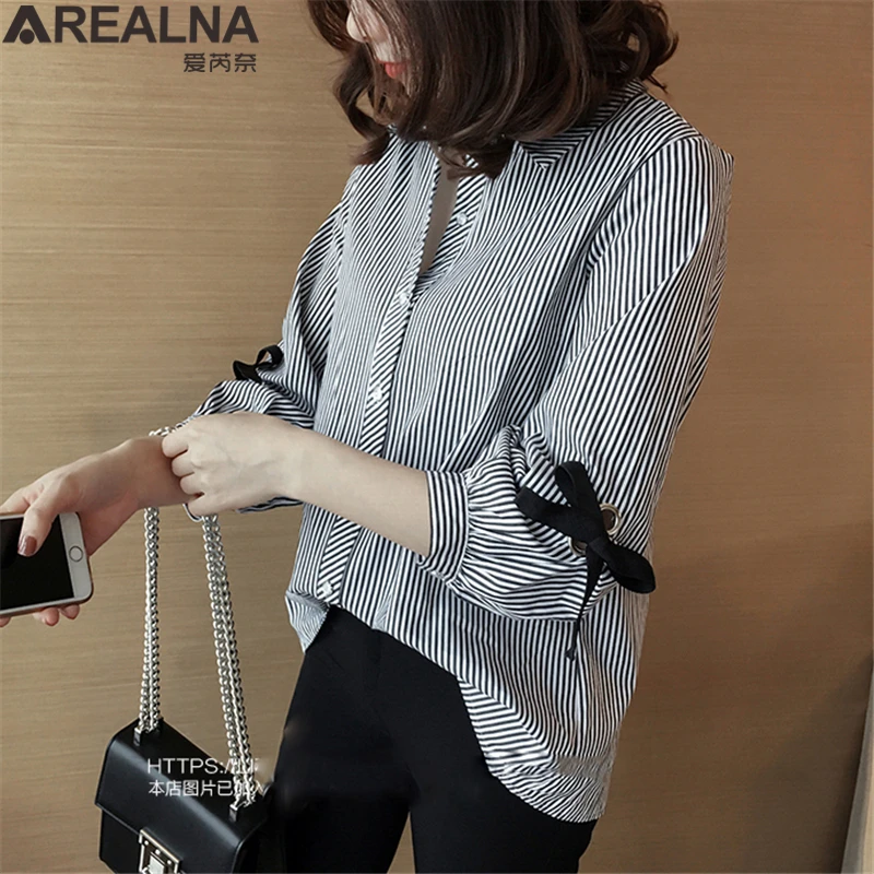 Женская рубашка в полоску размера плюс, Blusas Mujer De Moda,, кимоно, на шнуровке, с бантом, свободные женские топы и блузки, для работы, больше размера d, рубашки