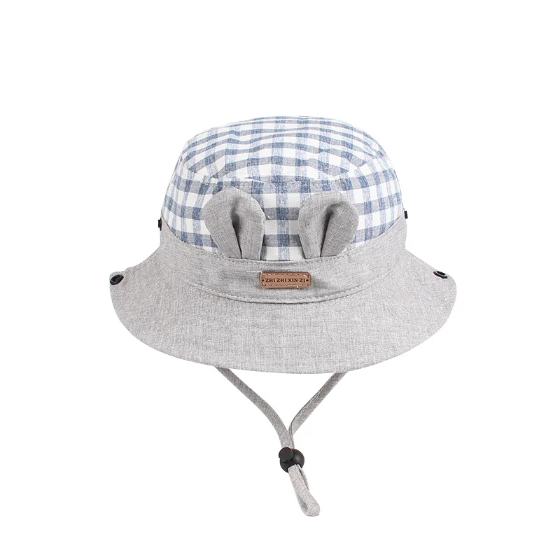 Plaid Baby Hat For Girls Wide Brim Kids Sun Cap Rabbit Ears Cotton Hat Lace Up Cowboy Children Cap Autumn Baby Girls Clothing  (6)